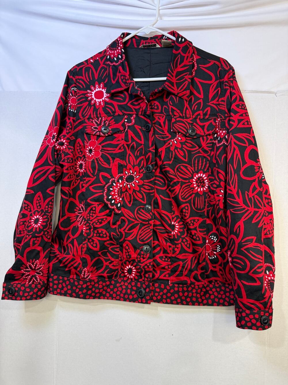 Laura Ashley Women’s XL Red Black Floral Cotton Button Front Jacket vintage look